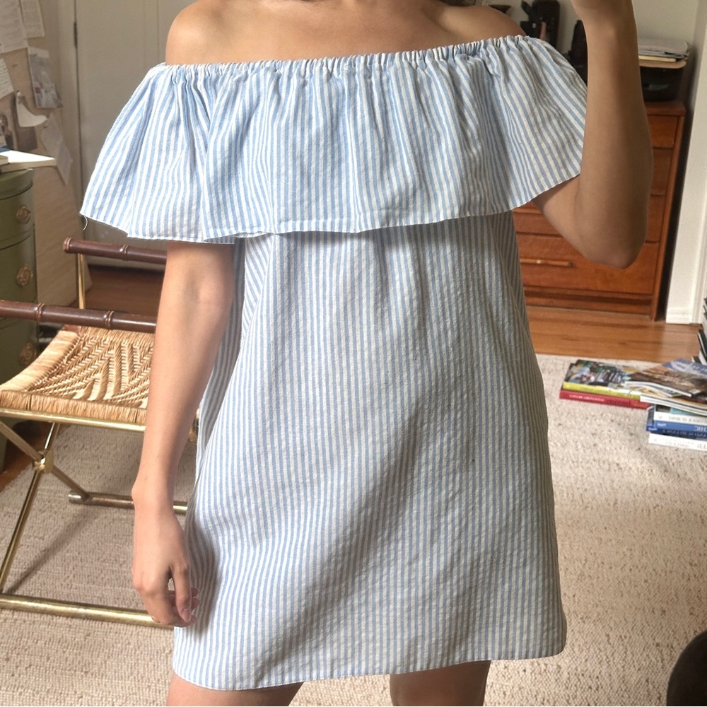 Blue and White Pinstripe Off-the-Shoulder Dress